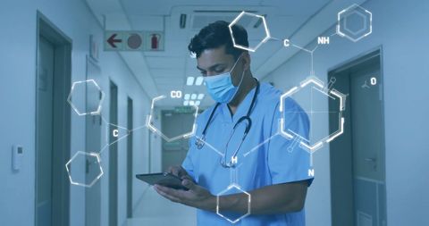 Doctor Utilizing Tablet with Digital Chemical Formula Overlay
