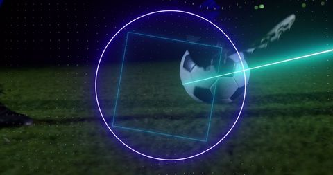 Soccer Player Kicking Ball with Futuristic Digital Overlay
