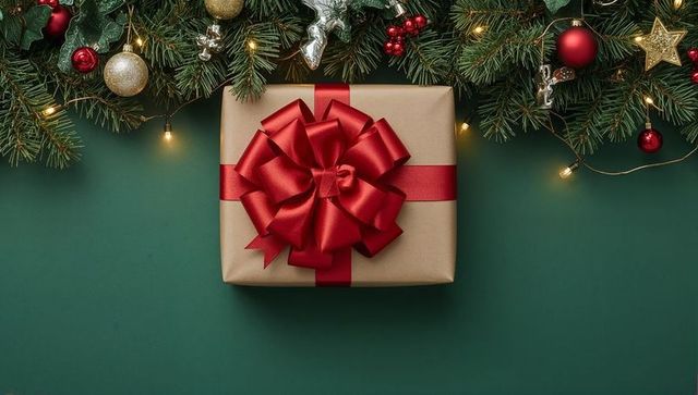 Kraft-wrapped christmas gift with red satin bow and evergreen garland on green backdrop