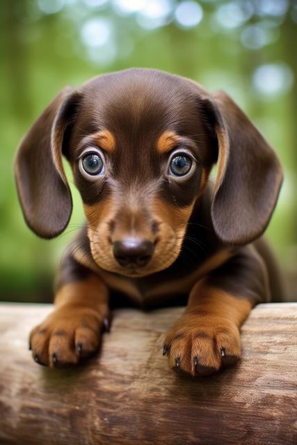 Dachshund puppy with large sparkling eyes resting on a log, makes a heartwarming subject for pet care products, calendars, and greeting cards, attracting pet lovers and enhancing pet adoption campaigns.