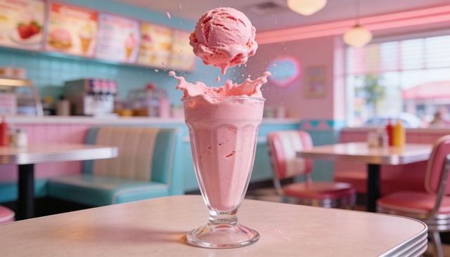 Splashing pink strawberry milkshake with floating ice cream scoop in retro diner interior