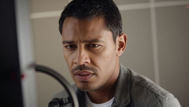 Focused male podcaster recording in compact studio wearing grey jacket and white shirt