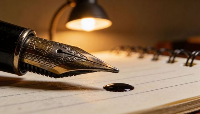 Resting ornate fountain pen nib releasing glossy black ink droplet on ruled notebook macro