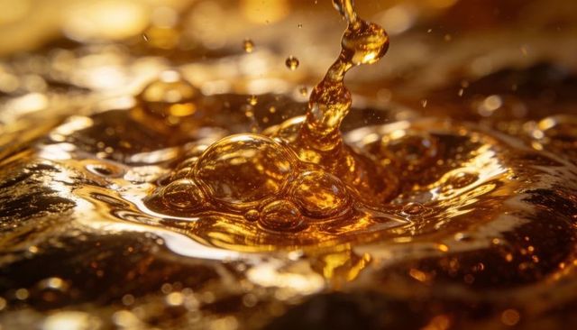Golden honey splash macro with viscous syrup droplets and glowing amber reflections
