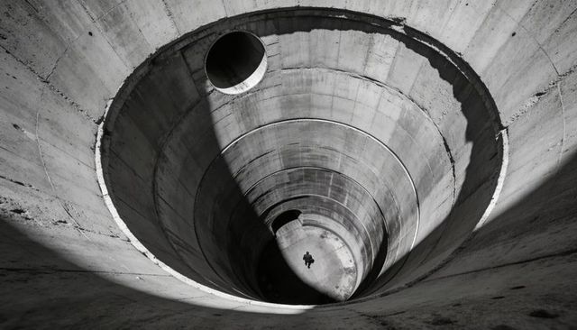 Solitary figure standing inside circular concrete shaft casting bold diagonal shadow