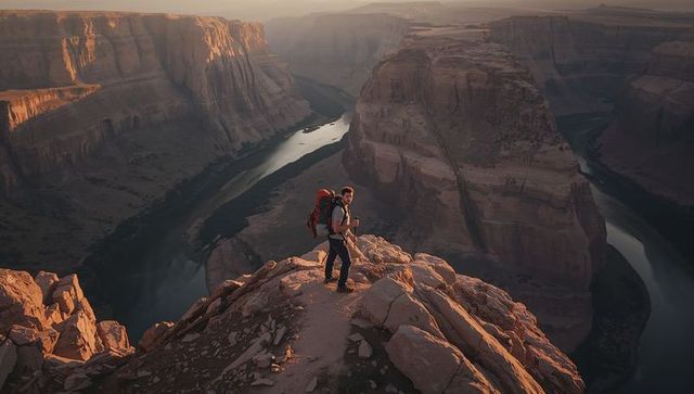 Solo hiker standing on cliff overlooking meandering river canyon at golden hour