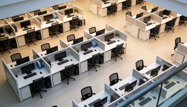 Open-plan office cubicle grid with ergonomic seating, monitors and bright mezzanine view