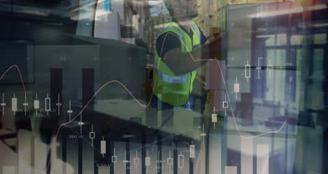 Warehouse Worker with Overlay of Financial Graphs Conceptualizing Business Growth