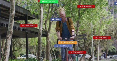 Cyclist riding through urban park with floating social media notification overlays