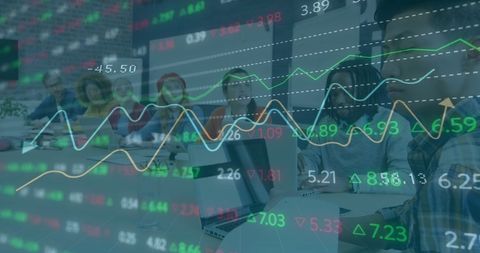 Financial Analysis Overlay on Diverse Business Team in Office Meeting - Download Free Stock Images Pikwizard.com