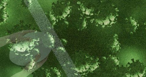 Hands holding virus model on grass representing health concept