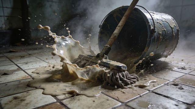 Overturned bucket spilling dirty water with mop splashing across grimy tiled floor