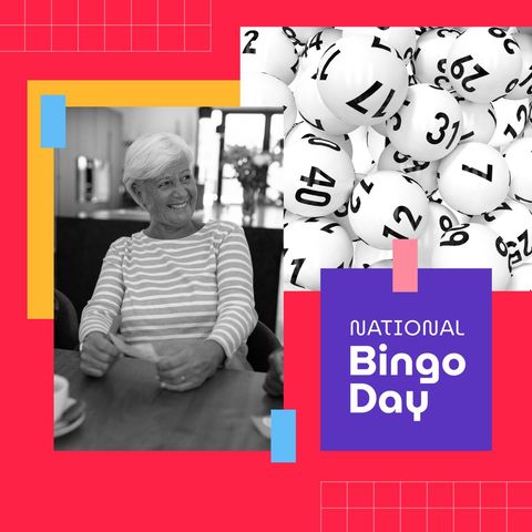 A cheerful senior woman is playing bingo, symbolizing joy and community engagement among elderly. This captures the fun and social aspects of National Bingo Day with vibrant bingo balls included. Ideal for promoting senior activities, recreational programs, community centers, or themed advertising for bingo events.