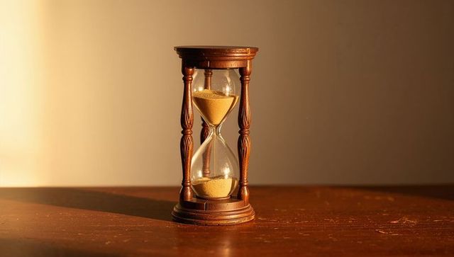 Antique hourglass with pouring yellow sand under warm light