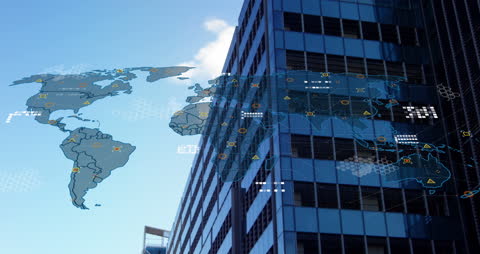 Global Networking Technology Map Overlay on Urban Building