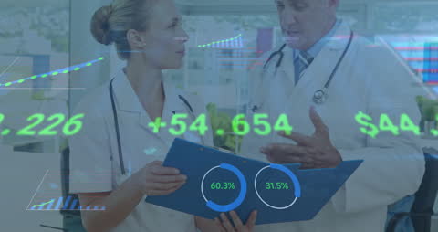 Doctors Discussing Health Data Amid Financial Analytics Overlay