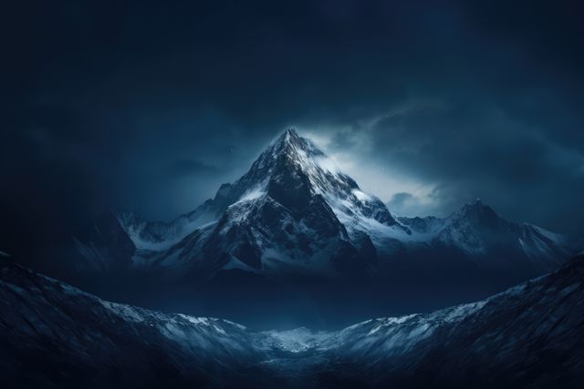 This image captures a majestic snow-capped mountain peak shining under a starry night sky. The rugged terrain and serene ambiance make it ideal for use in nature and adventure-themed projects, travel promotions, desktop wallpapers, motivational posters, and artistic illustrations. Perfect for conveying themes of tranquility, adventure, and natural beauty.