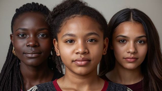 Three teen girls standing shoulder-to-shoulder looking confident minimalist portrait