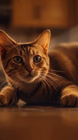 Tabby Cat Creeping on Kitchen Floor Spotting Offscreen Movement Vertical Video