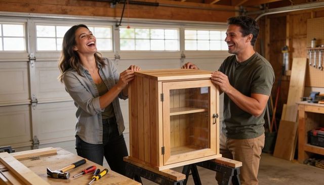 Couple laughing while inspecting handmade wooden cabinet in garage workshop diy project