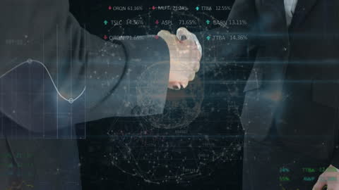 Business Leaders Shaking Hands with Digital Data Overlay
