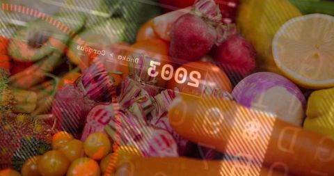 Displaying vibrant market produce with digital hud overlay and citrus closeup