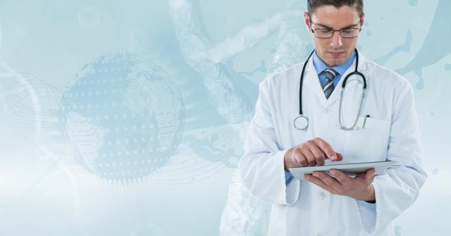 Digital composite of Doctor (men) with technological background working with his tablet