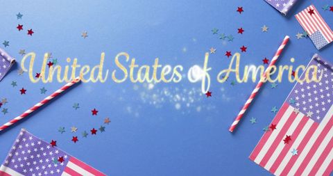 USA Flags and Sparkles on Blue Celebration Background