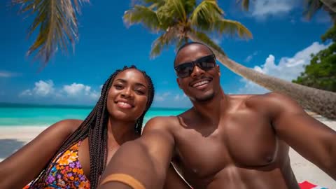 AI-Generated Couple Taking Beach Vacation Selfie Under Palm Tree