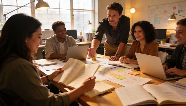 Business team collaborating around table with leader pointing during planning meeting