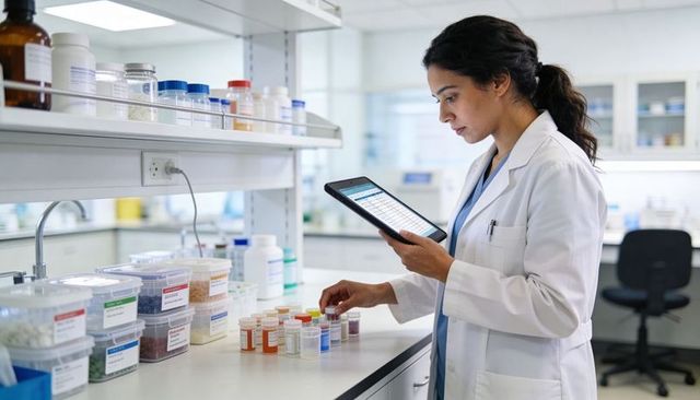 Laboratory technician managing medication inventory with tablet in clinical pharmacy lab