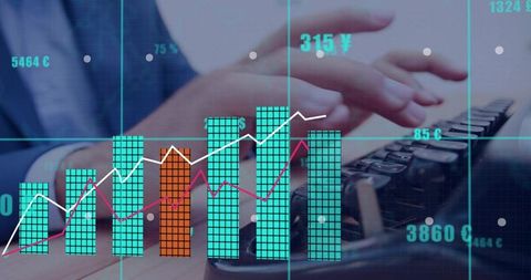 Businessman Typing with Financial Charts Overlay Showing Growth Trends and Data Analytics