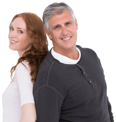 Transparent joyful couple smiling back to back