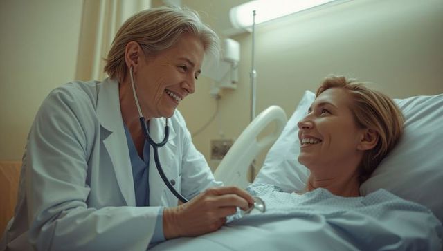 Female doctor caring for patient with stethoscope in hospital bed