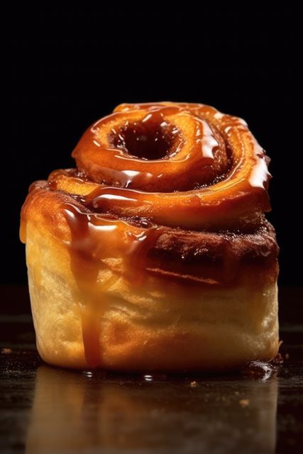 Close-up of a freshly baked cinnamon roll drizzled with caramel. This image can be used in food blogs, restaurant menus, bakery advertisements, or gourmet cooking websites to highlight dessert options.