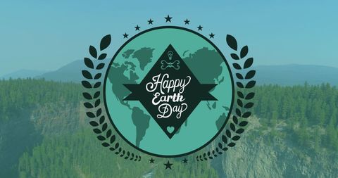 Happy Earth Day Emblem on Peaceful Forest Landscape