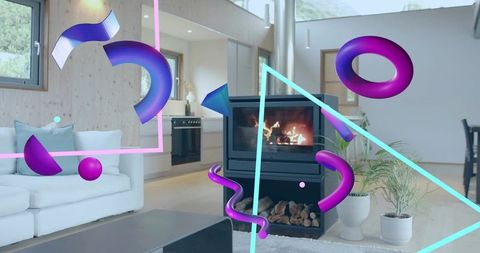 Cozy modern living room burning wood stove with floating neon 3d shapes and cyan overlays