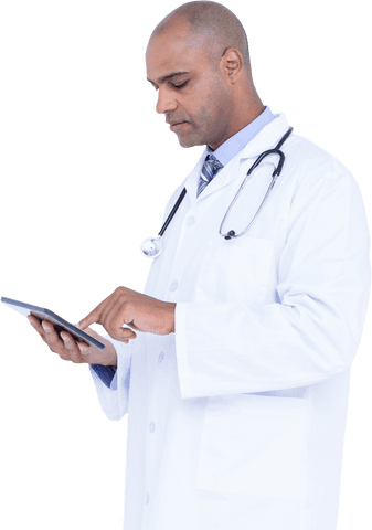 Professional Doctor Using Tablet with Transparent Background