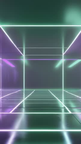 Moving Through Neon Corridor Vertical Video Futuristic Tunnel with Pulsing Bars and Reflections