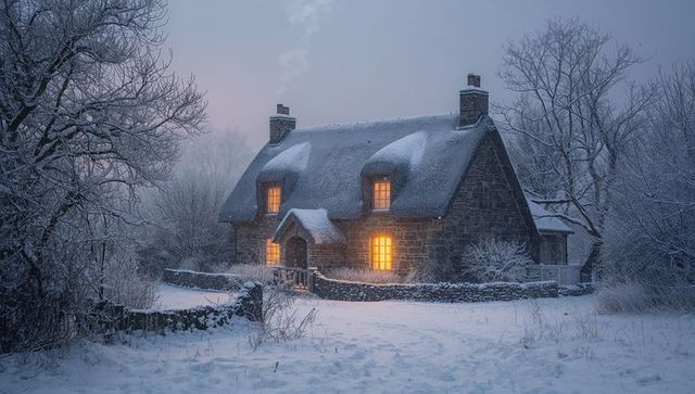 Snow-covered thatched stone cottage glowing with warm windows at twilight in countryside