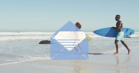 Digital Email Icon Overlay on Beach Goers with Surfboards