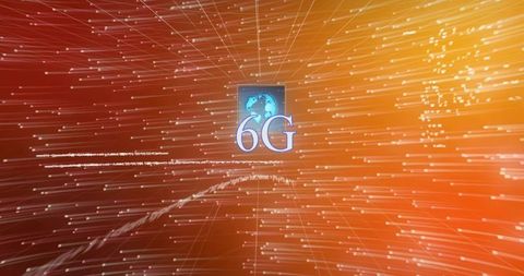 Radiating 6g network logo pulsing globe over futuristic orange datastream particle grid