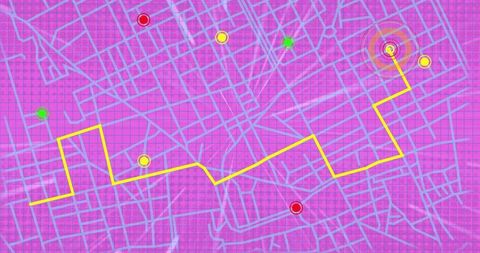 Tracing yellow zigzag route across neon grid map with target bullseye