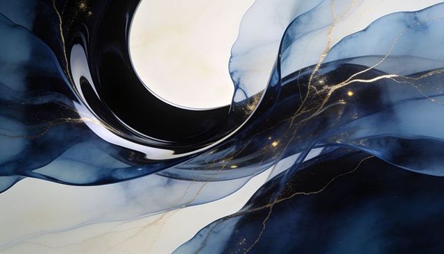 Swirling navy indigo marble waves with gold veins and glossy black crescent for luxury