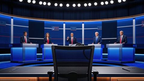 Empty chair at political tv debate with candidates on stage, talking heads moment