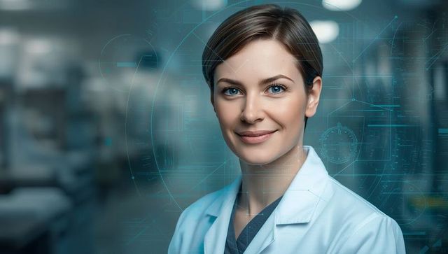 Female Doctor Smiling in Clinical Corridor with Futuristic Digital Overlay
