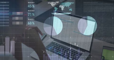 Businesswoman Analyzing Data on Laptop With Visual Charts Overlay