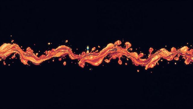 Flowing pixel-art molten ribbon curling across deep black field neon orange glow
