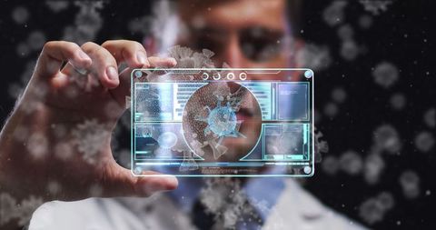 Doctor analyzing holographic display with covid-19 data