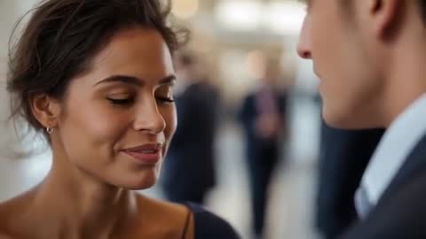 Smiling Hispanic woman holding gaze while flirting with man in suit at reception lobby